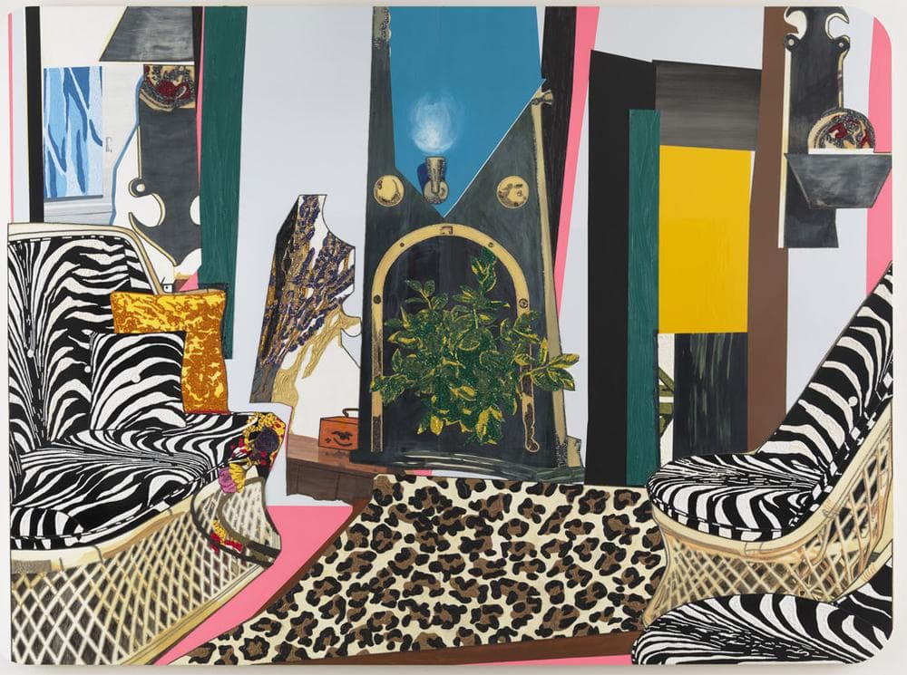 Mickalene Thomas's 2012 painting &quot;Interior: Zebra with Two Chairs and Funky Fur.&quot; (Courtesy of the artist and the ICA)