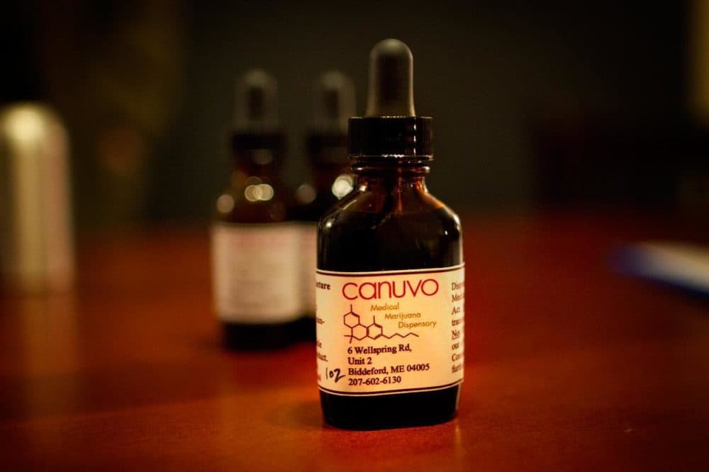 Bottles of tincture, an alcohol-based extract of marijuana made at the dispensary (Jesse Costa/WBUR)