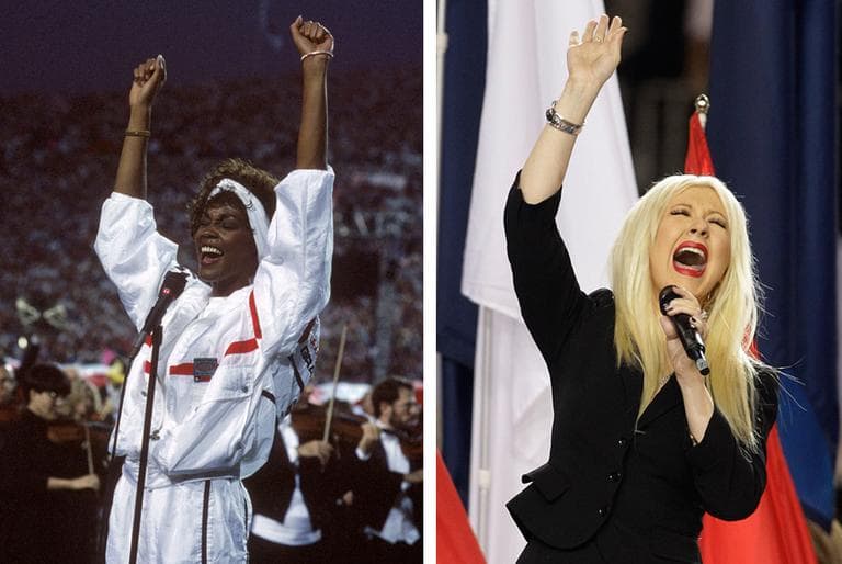 Whitney Houston, left, sings the national anthem at the 1991 Super Bowl. Christina Aguilera, right, sings the national anthem at the 2011 Super Bowl. (AP)