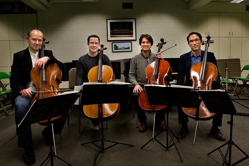 From left to right: Mihail Jojatu, Blaise Dejardin, Alexandre Lecarme and Adam Esbensen at Symphony Hall in Boston. (Jesse Costa/WBUR)