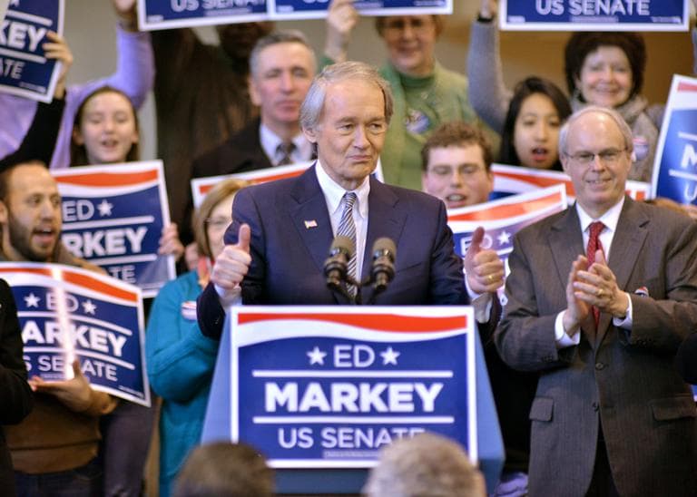 Rep. Ed Markey, D-Mass., gestures to supporters during the kickoff to the start of his campaign for Senate in Malden, Mass., Saturday, Feb. 2, 2013. (Josh Reynolds/AP)