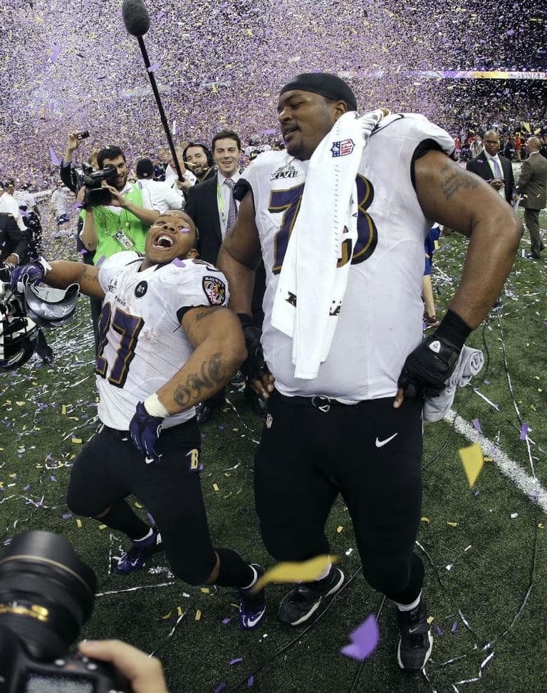 Baltimore Ravens running back Ray Rice and offensive lineman Bryant McKinnie celebrate after their victory. (Matt Slocum/AP)