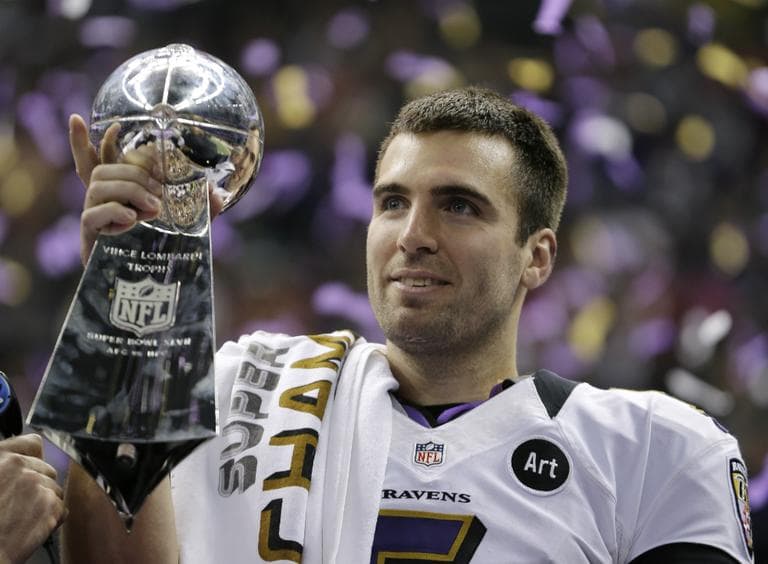 Baltimore Ravens quarterback Joe Flacco (5) holds the Vince Lombardi Trophy after defeating the San Francisco 49ers 34-31 in the NFL Super Bowl XLVII football game, Sunday, Feb. 3, 2013, in New Orleans. (Matt Slocum/AP)