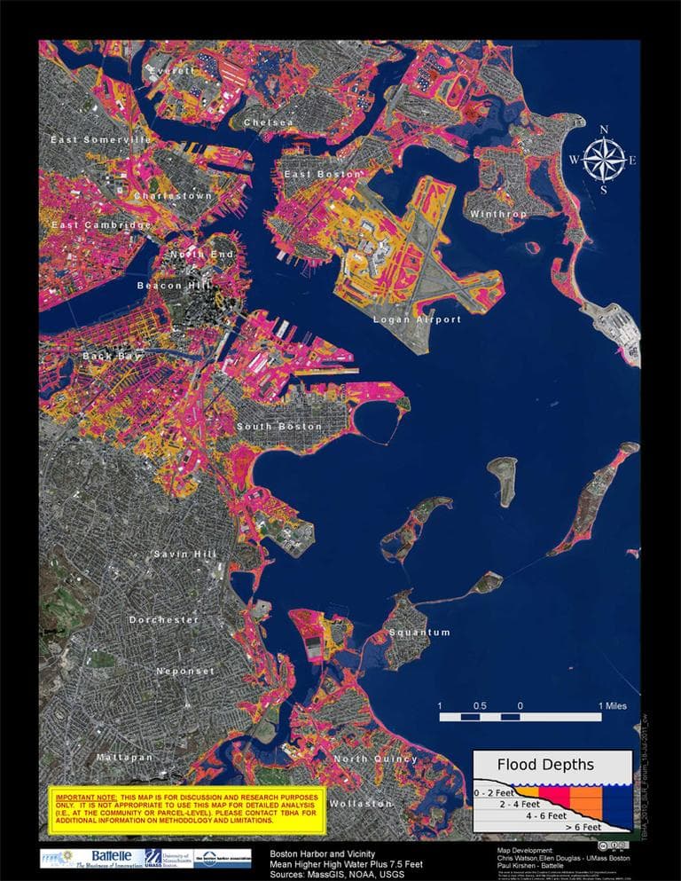 This map shows the impact of 7.5 feet of flooding above mean high tide on the Boston Harbor coastline. (Courtesy The Boston Harbor Association)