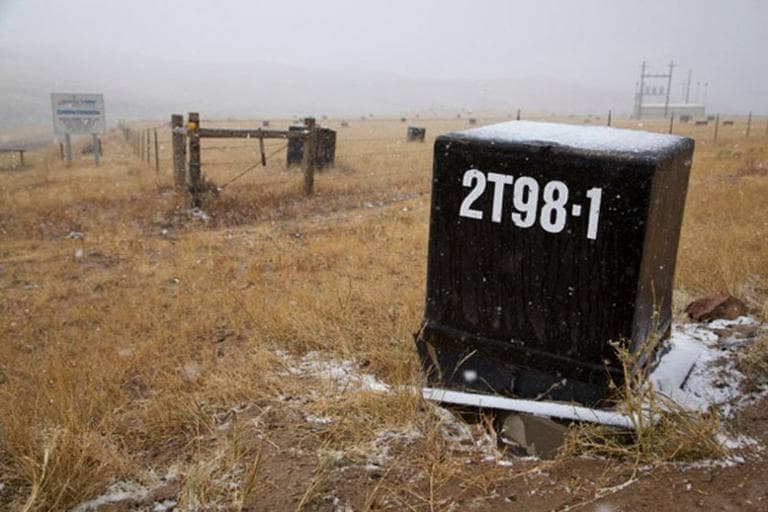Thousands of small black boxes used for uranium mining are scattered across Christensen Ranch in Wyoming. (Abrahm Lustgarten/ProPublica)