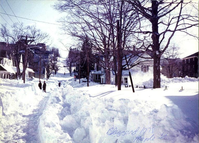 Maple Street in Woonsocket, R.I. is pictured about a week after the infamous Blizzard of '78, when people could finally come out of their homes. (Wikimedia Commons)