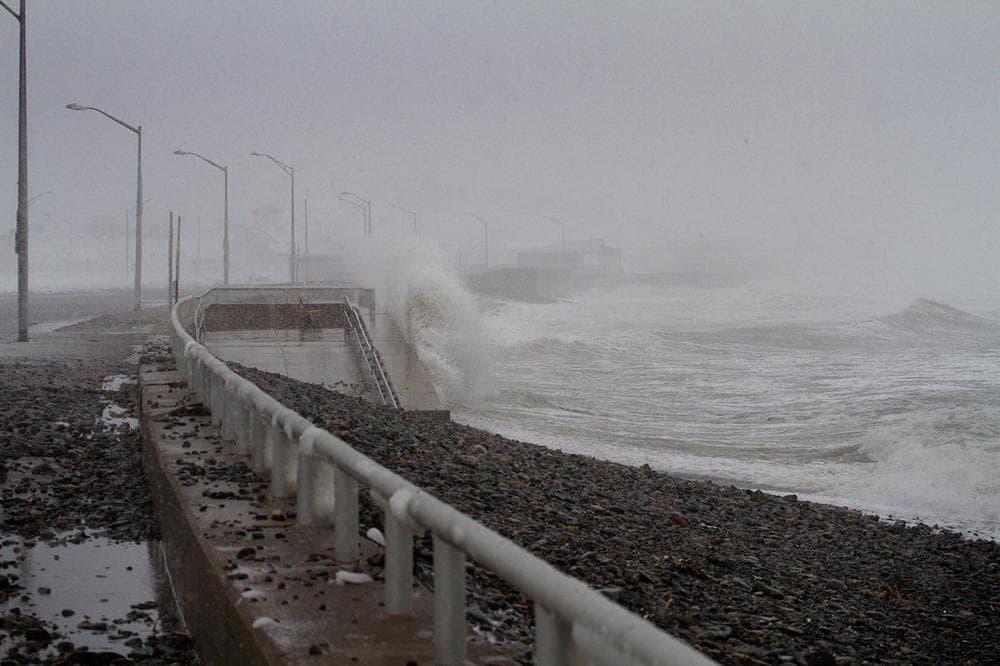 Waves crashing in Hull, Mass. (Jesse Costa/WBUR)