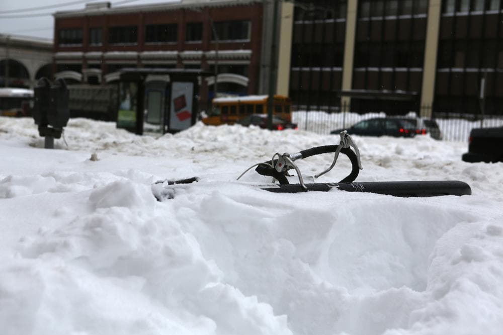 A snow-buried bicycle on Commonwealth Ave. (Jesse Costa/WBUR)