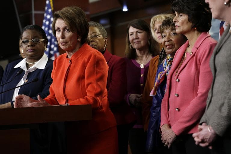 House Minority Leader Nancy Pelosi of Calif., center, accompanied by fellow House Democrats, leads a news conference on Capitol Hill in Washington, Wednesday, Jan. 23, 2013, to discuss the  reintroduction of the Violence Against Women Act. (Jacquelyn Martin/AP)