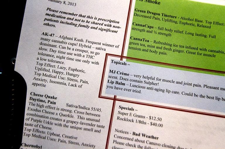 A page of the menu of products offered at  Canuvo medical marijuana dispensary in Biddeford, Maine. (Jesse Costa/WBUR)