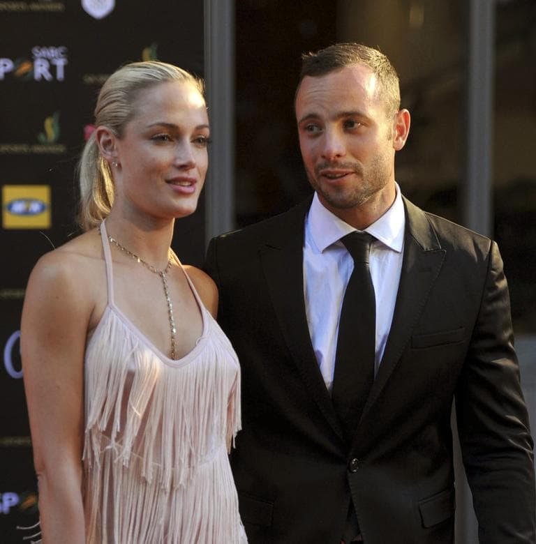South African Olympic athlete Oscar Pistorius and his girlfriend, model Reeva Steenkamp, are pictured at an awards ceremony in Johannesburg, South Africa on Nov. 4,  2012.  (Lucky Nxumalo-Citypress/AP)