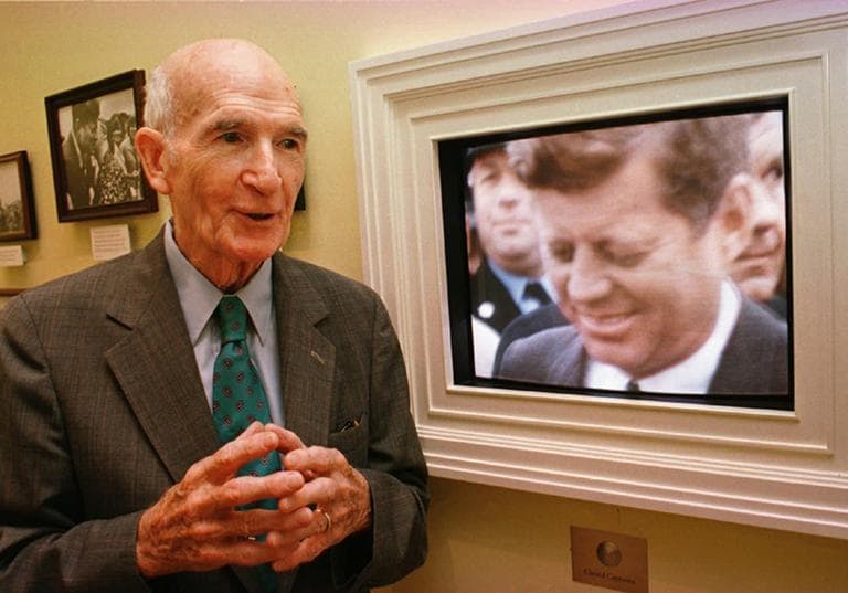 David Francis Powers, longtime aide to John F. Kennedy and former curator of the JFK Library in Boston for 30 years, is shown in a 1994 photo with displays at the library on the last day of his job as curator. (Steven Senne/AP, File)