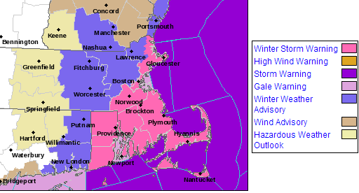 A winter storm warning is in effect for much of eastern Massachusetts until Sunday evening. Click to see the live map. (National Weather Service)
