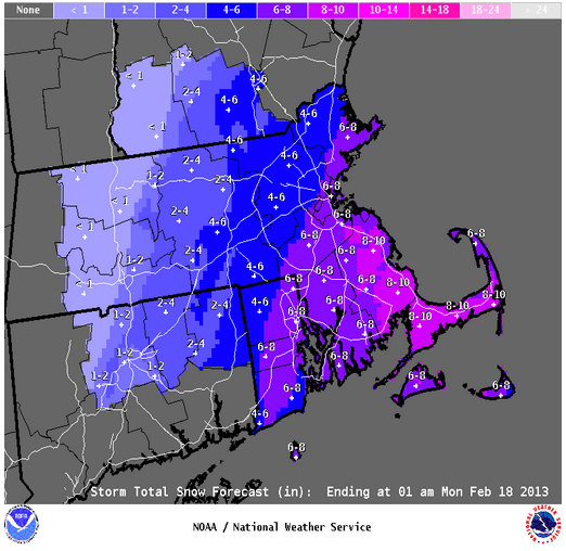 Snow accumulation is expected to be six to eight inches in the Boston area and up to 10 inches on the Cape. (National Weather Service)