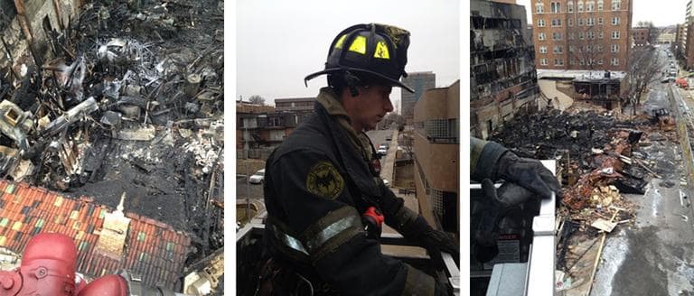 Three photos from the official Twitter account of Kansas City, Mo. Mayor Sly James&#039;s office. First: &quot;Looking directly down at what used to be the private dining room at JJs.&quot; Second: &quot;Captain Petrie operates the bucket in Truck 6 as he takes us up for an aerial view of the site.&quot; Third: &quot;Aerial view if JJs site from the bucket of truck 6.&quot; (@MayorSlyJames/Twitter)