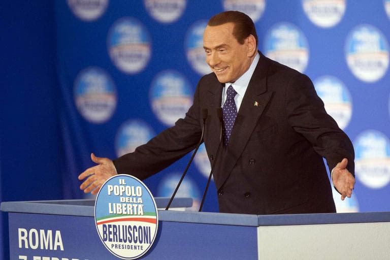 Former Italian Premier and People of Freedom party leader Silvio Berlusconi delivers his speech during a campaign rally in Rome, Thursday, Feb. 7, 2013.  (Mauro Scrobogna/LaPresse/AP)