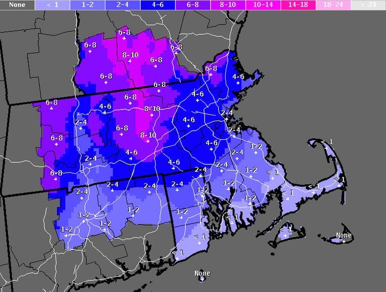 The snow forecast (as of 4 p.m. Friday) for this weekend&#039;s anticipated storm. (National Weather Service)