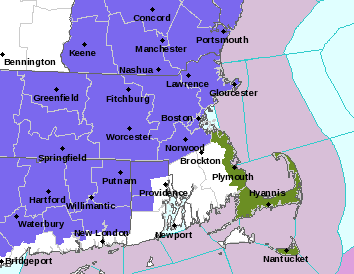 A winter weather advisory is in effect for much of Massachusetts until midnight Sunday night. Click to see the live map. (National Weather Service)