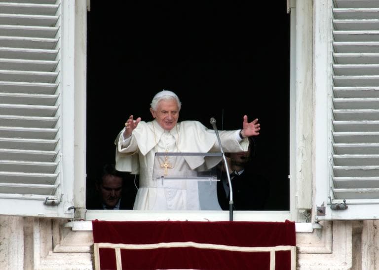 Pope Benedict XVI delivers his blessing during his last Angelus noon prayer, from the window of his studio overlooking St. Peter&#039;s Square, at the Vatican, Sunday, Feb. 24, 2013. (Andrew Medichini/AP)