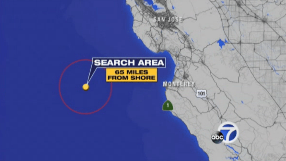 The Coast Guard estimates that the radio signal from the sinking boat came from about 60 miles west of Monterey. (Screenshot from ABC-affiliate KGO-TV in San Francisco)