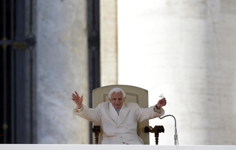 Pope Benedict XVI waves to faithful during his final general audience in St.Peter's Square at the Vatican on Wednesday.  (Gregorio Borgia/AP)
