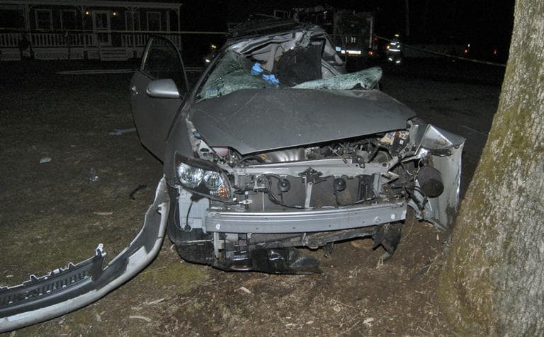 This photo released by the Leicester, Mass., Police Department shows a car early Saturday, April 21, 2007, at the scene where four teenagers died Friday night in a high-speed crash that left a fifth teen hospitalized in critical condition. (Leicester Police/AP)