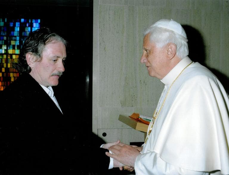 Clergy abuse survivor Bernie McDaid meets Pope Benedict XVI in Boston in 2008. (Courtesy)