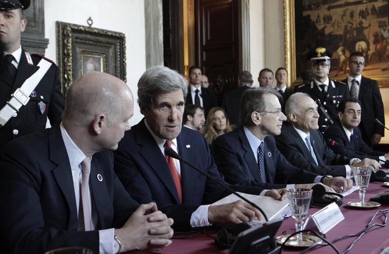 U.S. Secretary of State John Kerry, second from left, talks to British Prime Minister William Hague, left, as Italian Foreign Minister Giulio Terzi, third from left, and Egyptian Foreign Minister Mohamed Kamel Amr, second from right, are seen during an international conference on Syria at Villa Madama, Rome, Thursday, Feb. 28, 2013. (Riccardo De Luca/AP)