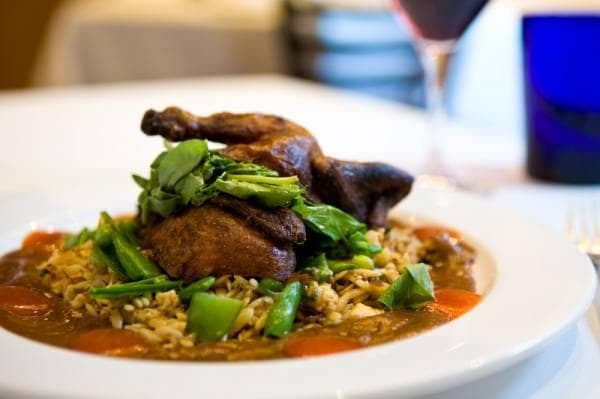 Asian Lacquered Poussin with Tamarind-Hoisin Sauce with Mandarin Chicken Orzo 'Fried Rice' and Three. (Ming.com)