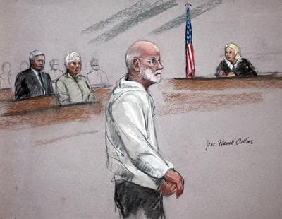 In this courtroom sketch, James &quot;Whitey&quot; Bulger stands during his initial appearance in a federal courtroom in Boston Friday, June 24, 2011. His brother William Bulger, left, and Judge Marianne Bowler, right, are also depicted. (AP Photo/Jane Flavell Collins)