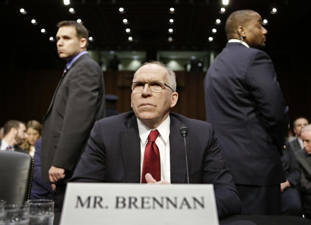 CIA Director nominee John Brennan, flanked by security, arrives on Capitol Hill in Washington, Thursday, Feb. 7, 2013, to testify at his confirmation hearing before the Senate Intelligence Committee. (AP)