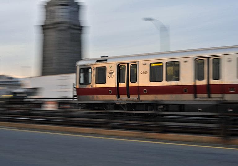 An MBTA train on the Longfellow Bridge. (Alex Kingsbury/WBUR)