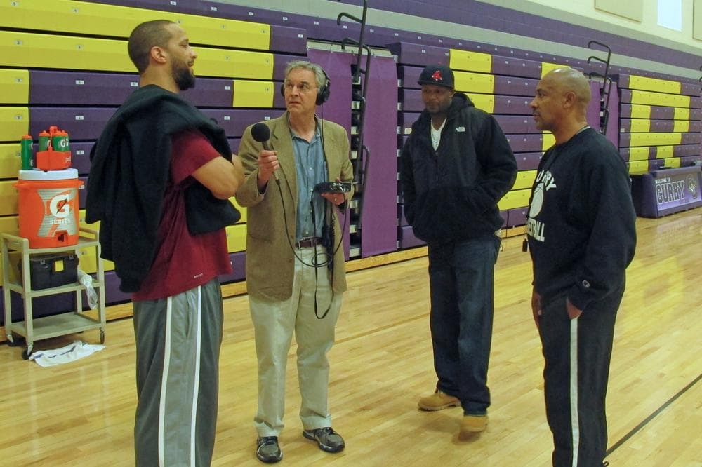 Jamil Abdullah (left), Ka'reem Horton (second from right), and Malcolm Wynn (right), joined Bill Littlefield to reflect on the 2000-01 Roxbury Community College basketball season. (Only A Game)