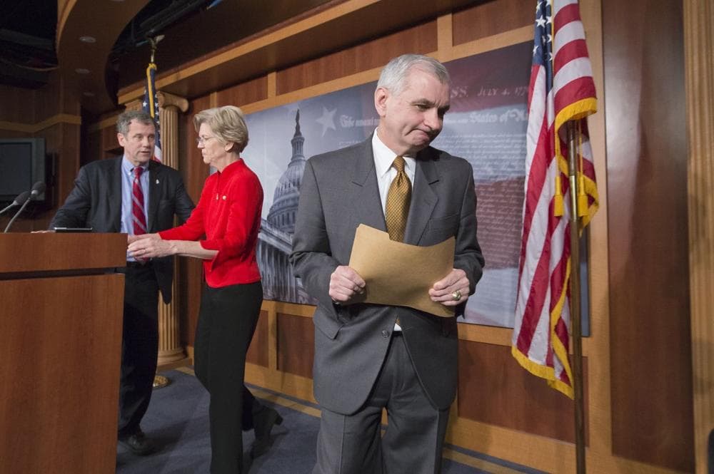 From right to left, Sen. Jack Reed, D-R.I., Sen. Elizabeth Warren, D-Mass., and Sen. Sherrod Brown, D-Ohio, finish a news conference at the Capitol in Washington, Thursday, Feb. 14, 2013. The senators urged Republicans to lift their opposition to President Barack Obama's choice to lead the federal Consumer Financial Protection Bureau, Richard Cordray, who was a recess appointment. (AP)