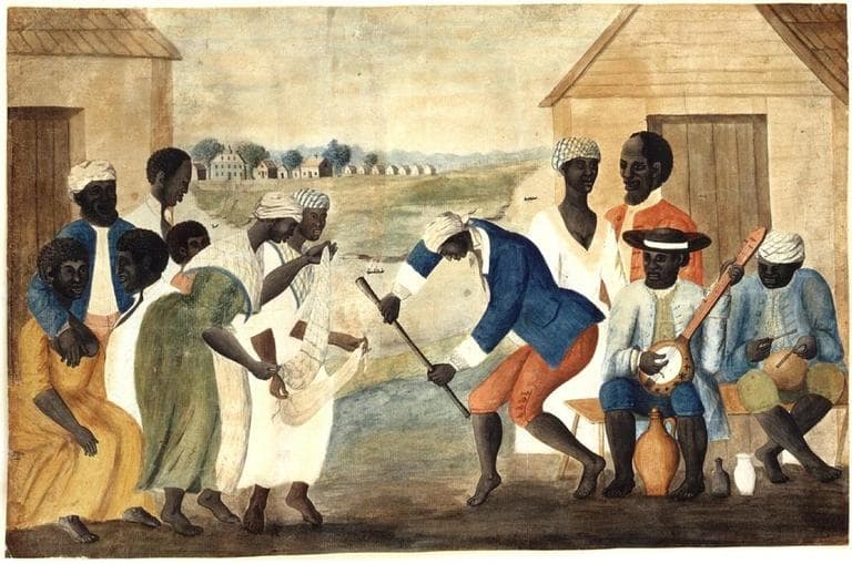 The Old Plantation (anonymous folk painting). Depicts African-American slaves dancing to banjo and percussion. (Wikipedia)