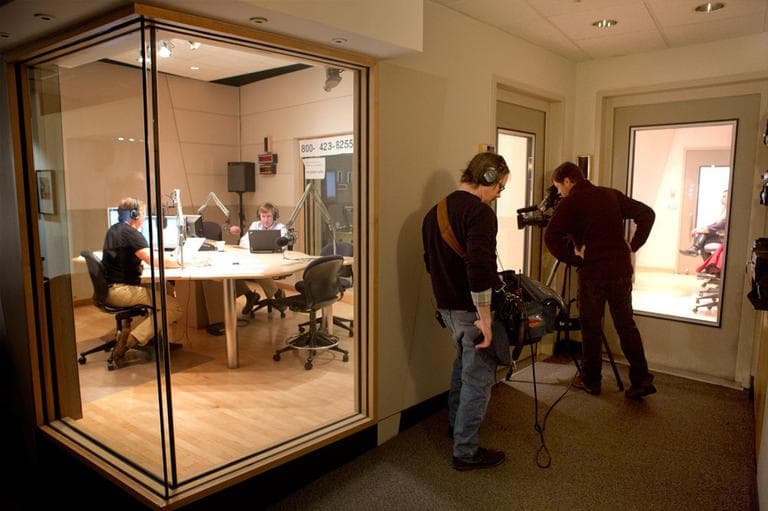 A crew from &quot;Today&quot; films Tom and guest Kelly Beatty. (Jesse Costa for WBUR)