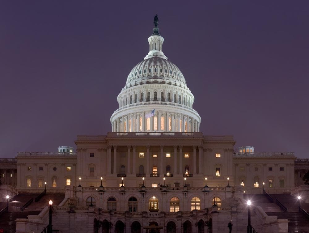 U.S. Capitol building at night (Wikimedia Commons)