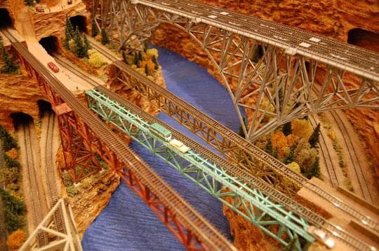 Bridges Canyon,” a dramatic series of bridges spanning a winding river canyon, built by Bob Pawlak of Lexington. (Greg Cook photo)