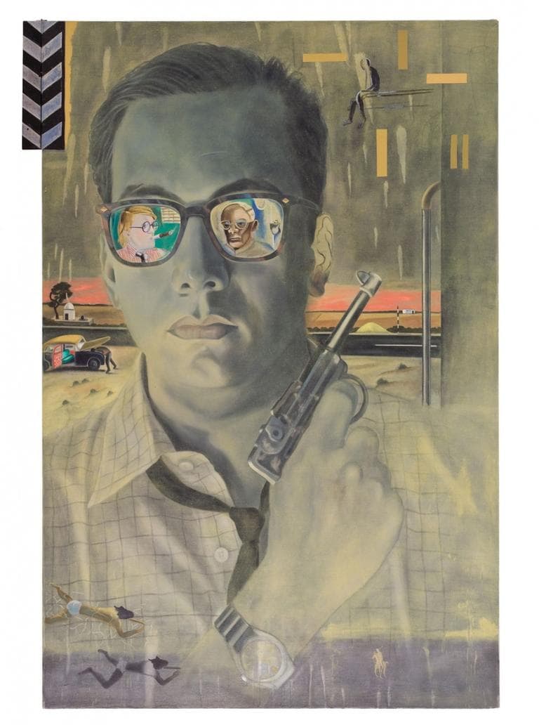Atul Dodiya, &quot;The Bombay Buccaneer,&quot; 1994, acrylic and oil on canvas with film clapstick. (Courtesy of the Peabody Essex Museum)