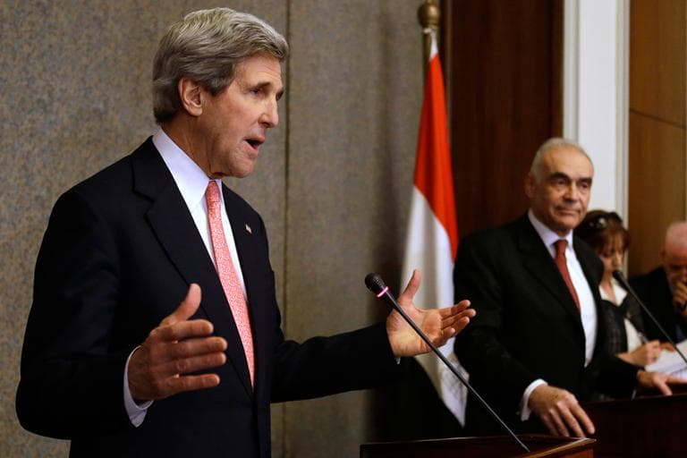 U.S. Secretary of State John Kerry speaks to the media with Egyptian Foreign Minister Mohammed Kamel Amr, at the Ministry of Foreign Affairs in Cairo, Egypt on Saturday, March 2, 2013. (Jacquelyn Martin, Pool/AP)