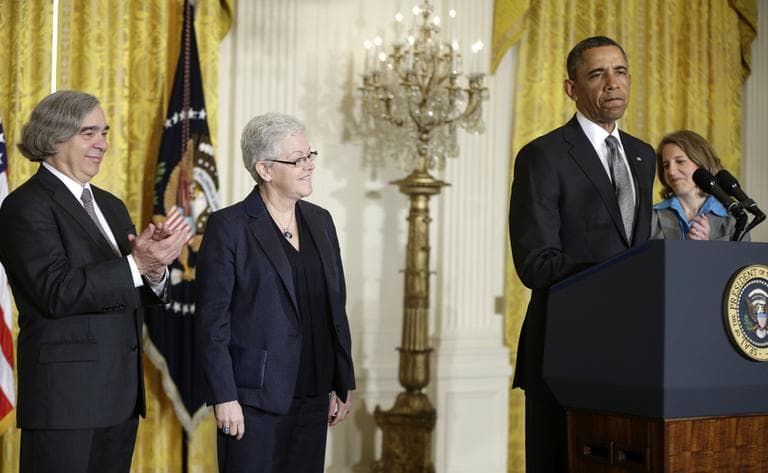 President Obama announced Monday he would nominate, from left: MIT physics professor Ernest Moniz for energy secretary, Gina McCarthy to head the EPA, and Walmart Foundation President Sylvia Mathews Burwell to head the budget office. (Pablo Martinez Monsivais/AP)