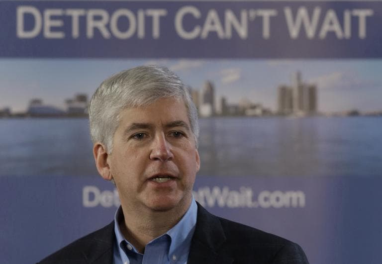 Gov. Rick Snyder declares a financial emergency during a broadcast in Detroit, Friday, March 1, 2013. (Paul Sancya/AP)