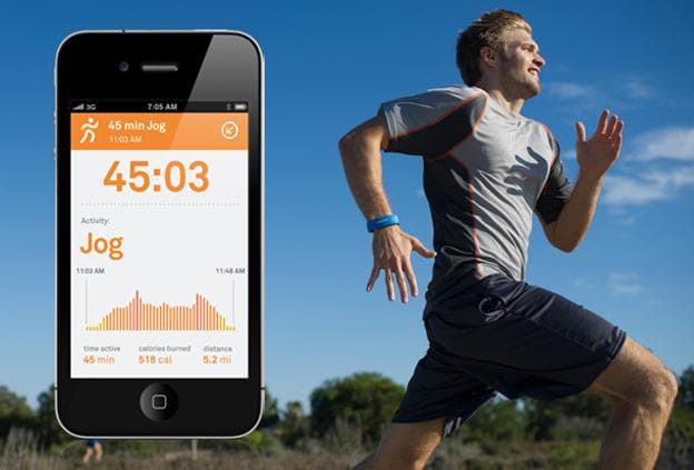 A promotional image of the Larklife wristband and app, which monitor exercise, diet and sleep. (lark.com)