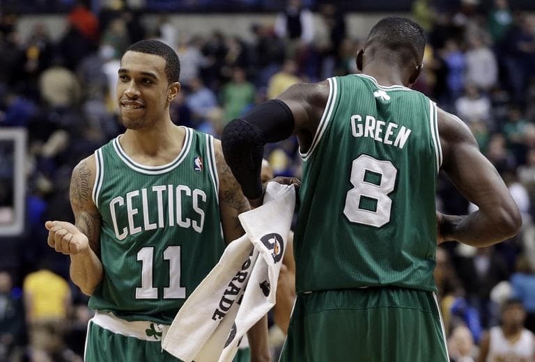 Boston Celtics' Courtney Lee (11) and Jeff Green react after Boston defeated Indiana 83-81. (AP/Darron Cummings)