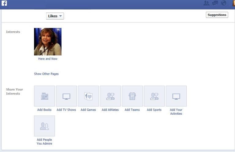 A screenshot of the &quot;Interests&quot; section on Facebook, where you can add Here &amp; Now. (Click to enlarge)