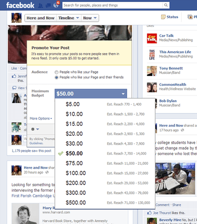 A screenshot of the pay-to-promote options offered to Here &amp; Now's Facebook page for a post on Friday morning, Mar. 8, 2013.