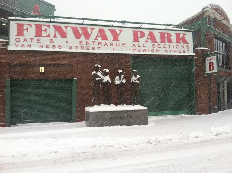 Spring may be near, but Fenway Park is still covered in snow Friday morning. (Delores Handy/WBUR)