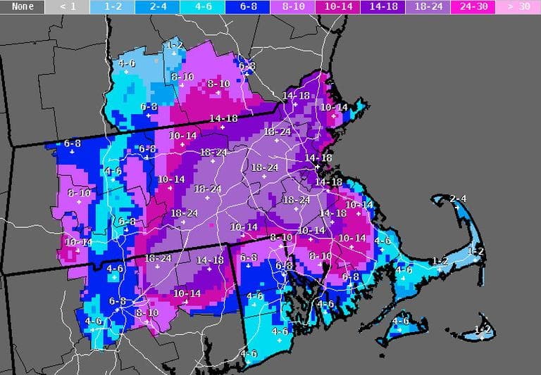 Click to enlarge: National Weather Service snowfall forecast, as of 2:45 p.m. Friday.