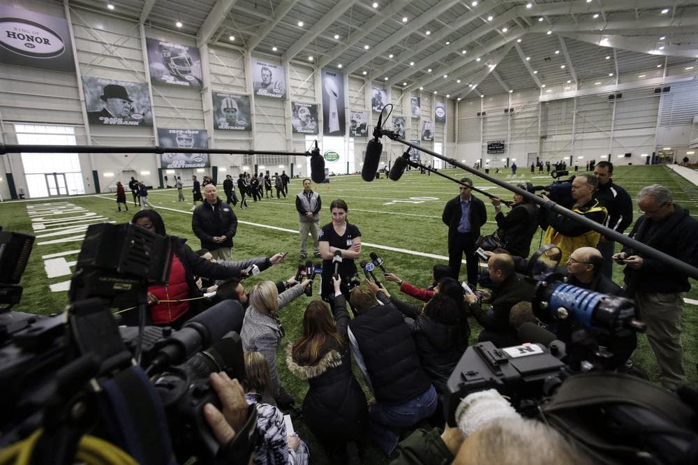 Lauren Silberman addresses reporters after taking two attempts during kicker tryouts at an NFL football regional combine workout, Sunday, March 3, 2013, at the New York Jets' training facility in Florham Park, N.J. (Mel Evans/AP)