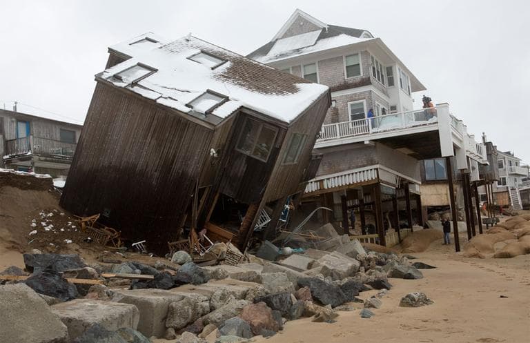 The partially collapsed home on Plum Island Friday afternoon (Jesse Costa/WBUR)